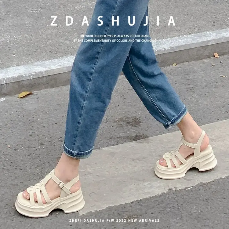 True Soft Leather Open Toed Roman Sandals for Women Outerwear 2023 Summer Platform Thick Sole Elevated Hollow Out Sandals