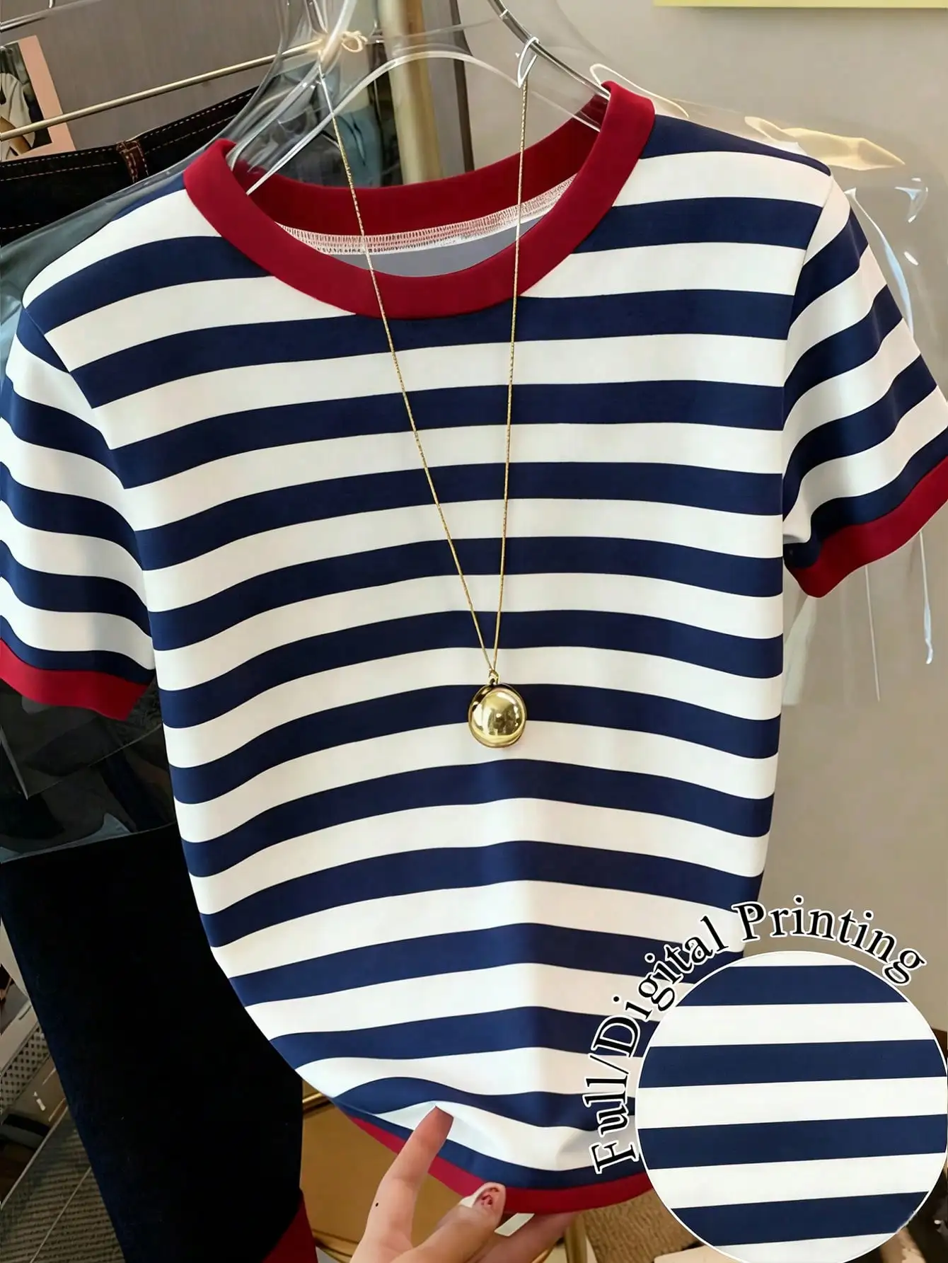 2026 Y2K Women Crop Top Navy White Horizontal Stripe Red Contrast Trim O‑Neck Short Sleeve Tee Preppy Casual Going‑out T‑Shirt
