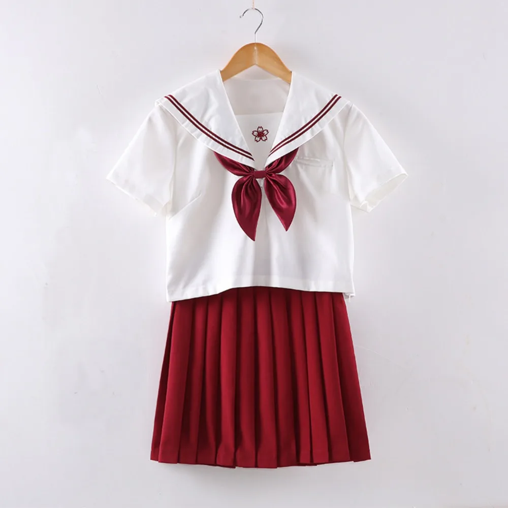 Orthodox Japanese JK Sailor Uniform Set,Kansai Collar Short Sleeve Sweet women Skirt,College School Uniform for Graduation Photo