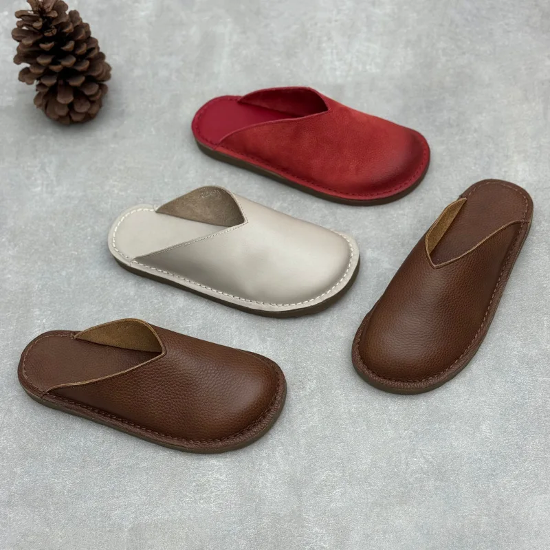 Handmade Genuine Leather Mules Women 2025 Summer Retro Round Toe Flat Slippers Soft Cowhide Closed Toe Outdoor Casual Lazy Shoes