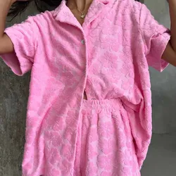 New Pink Short Sleeve Shirts Tops Matching Shorts Casual Solid Color Single Breasted Homewear Two Piece Set Soft Comfortable Set