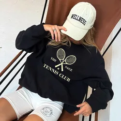 The Sage Tennis Club-sudaderas negras con estampado de letras para mujer, jerséis informales de manga larga holgados de algodón con cuello redondo