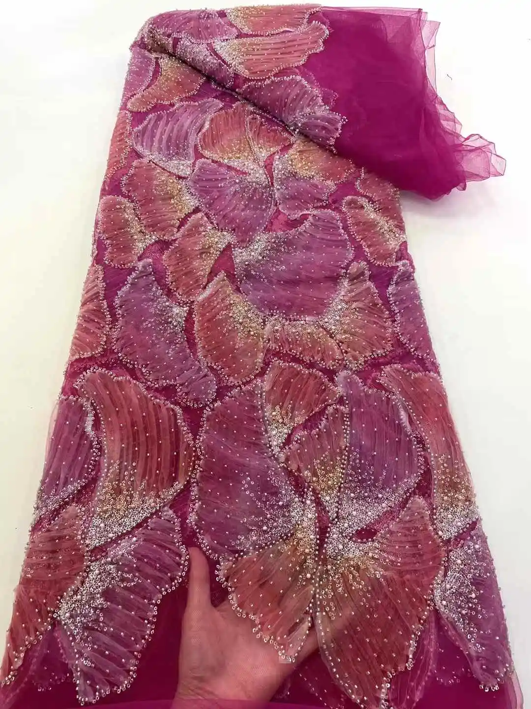 2025 나이지리아 수제 비즈 튤 5야드 레이스 원단 아프리카 럭셔리 스팽글 진주 메쉬 원단 신부 프롬 드레스용