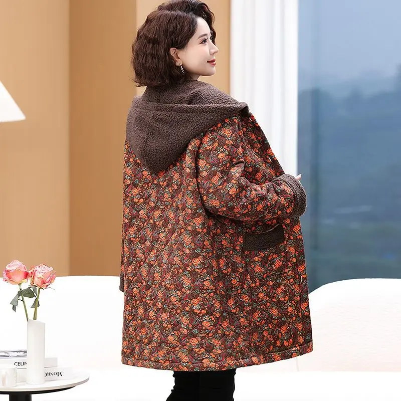 Mamma di mezza età e anziani Stampa floreale Giacca lunga in cotone foderata in pile Cappotto invernale caldo con cappuccio per cappotti addensati alla moda TS472