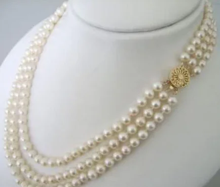 

Free Shipping Charming 3Rows 7-8mm White Akoya Cultured Pearls Necklace 17-19"