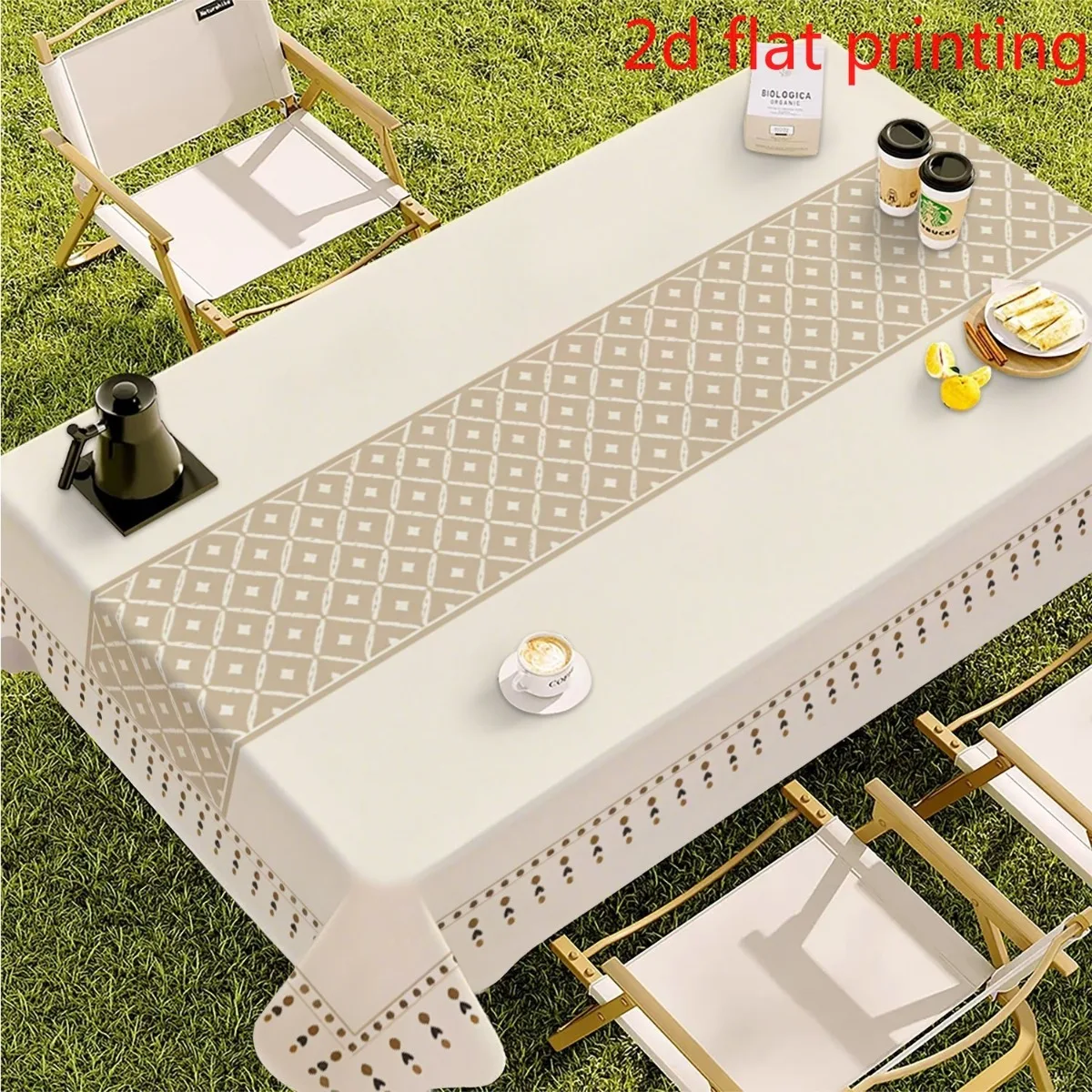 One 2D flat tablecloth in a light white base with a simple pattern in the shape of a rectangle, made of polyester fiber.