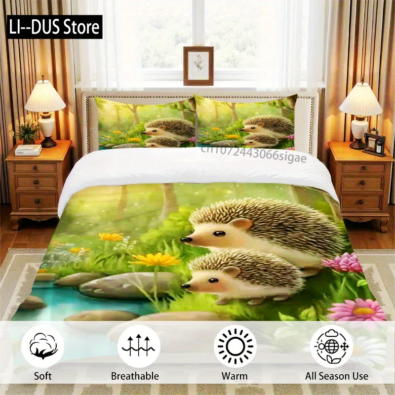 3pcs Cartoon Cute Hedgehog Flower Perfect Duvet Cover Set Soft Comfortable Breathable Bedding Set Suitable For All Seasons