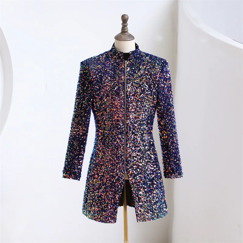 Glitter Gold Silver Sequins Blazers Bar Nightclub Male Singer Concert Stage Jacket Zipper Stand Collar Long Coat Shining Costume