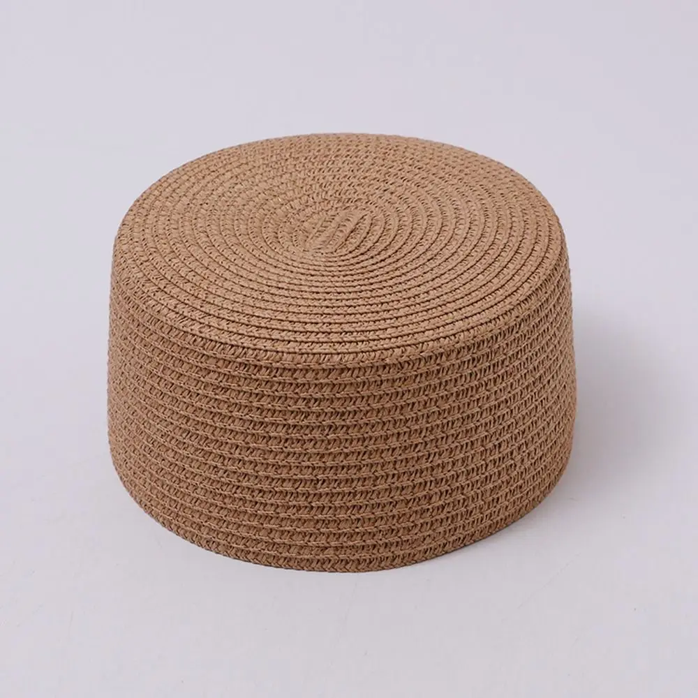 New Solid Straw Pillbox Hat Round Shape Structured Crown Round Dress Hat Vintage Style Brimless Cap Daily Outfits