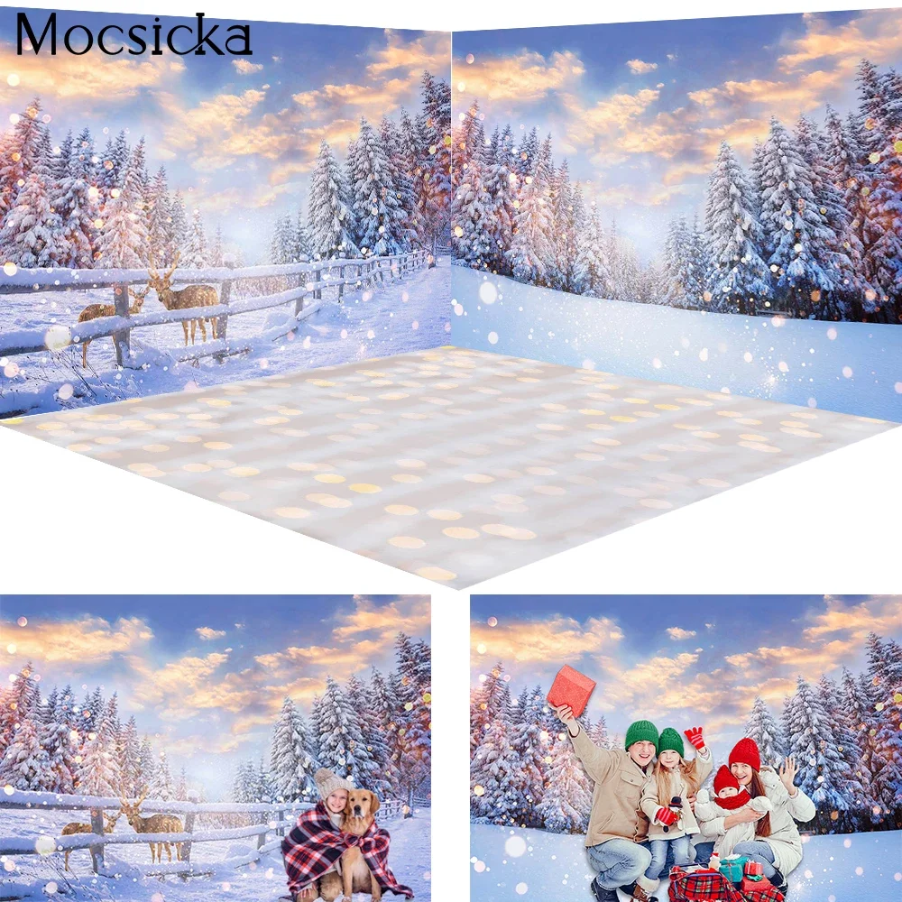 Winter Forest Photography Background Sunset Natural Scenery Elk Snow Frozen Backdrop Decoration Glitter Photo Home Studio Props