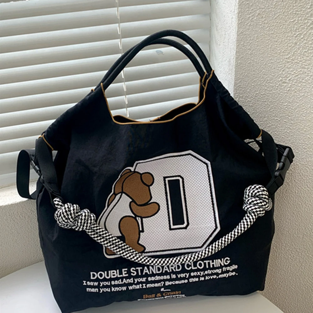 Bear Embroidery Designer Bag Chain Eco Bags for Women Large Nylon Shopper Purses and Handbags Letter Cartoon Shoulder Bag Tote