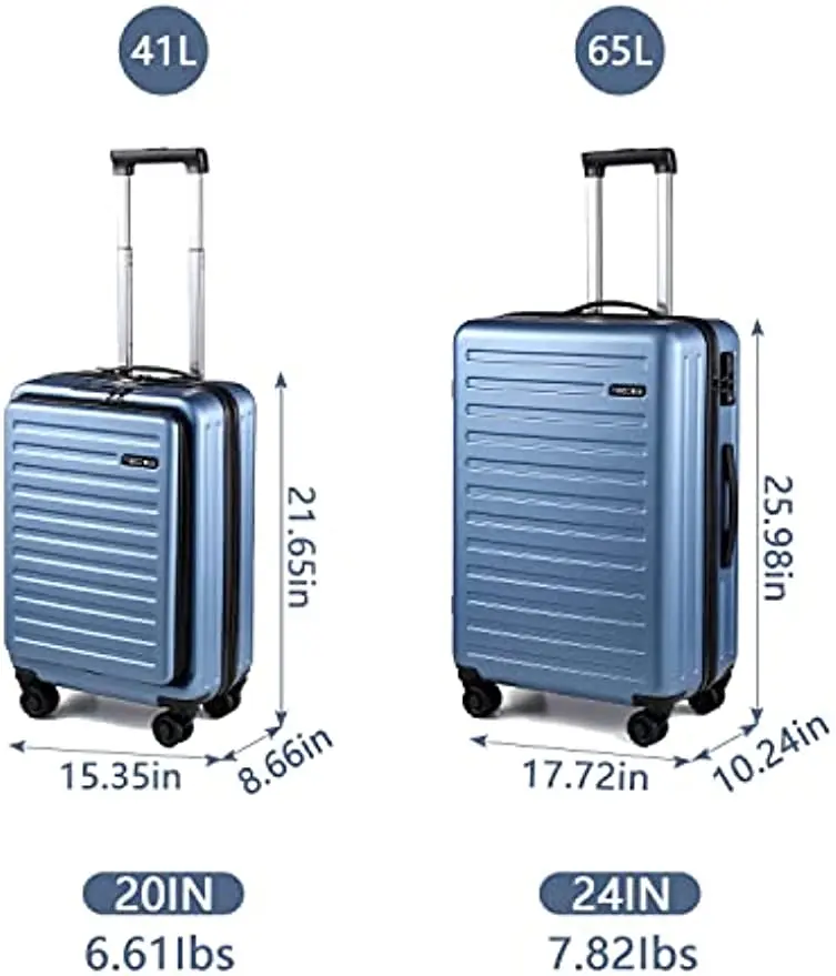 Ensemble de bagages avec poche avant pour ordinateur portable, coque rigide extensible et légère, ABS et PC, serrure TSA, roues tournantes, bleu, 20, 20/24