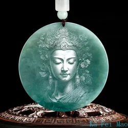 Natural A-grade Jade Blue Water Shadow Sculpture Buddha Statue Guanyin Bodhisattva Ice Seed Jade Pendant for Men Women's Jewelry