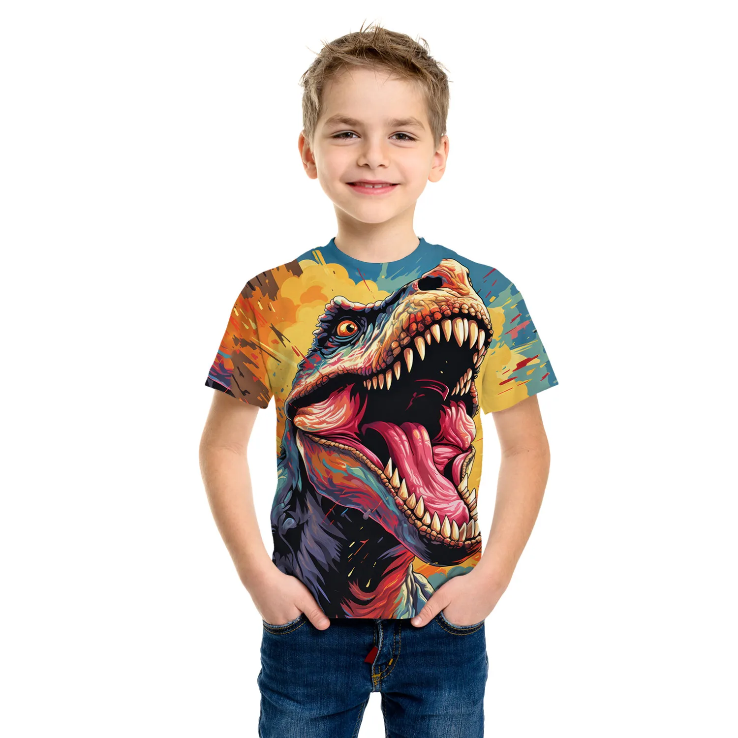 Camiseta con estampado 3d colorido de dinosaurio potente para niños, camiseta informal de manga corta para niños, ropa para niños, Tops de verano