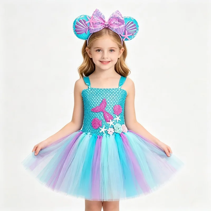 Halloween New Tutu Dress Kids Princess Tulle Dress Sleeveless Layered Mesh Gown Children Holiday Party Outfit Festive Flowy Wear