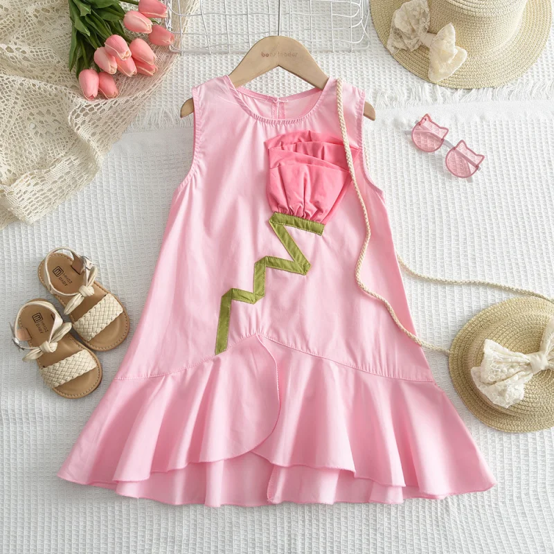 

Summer New Girls Sleeveless Solid Color Dress Girl Rose Flower Cute Fishtail Dress Princess Dress