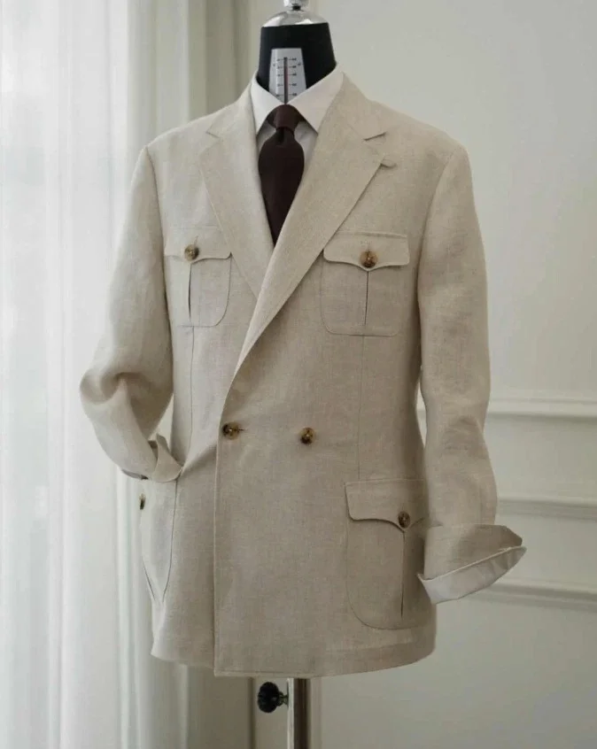 Luxury Breathable Linen Safari Jacket For Men Beige Double‑Breasted Lapel Multi‑Pocket Casual Summer Business Blazer Customized