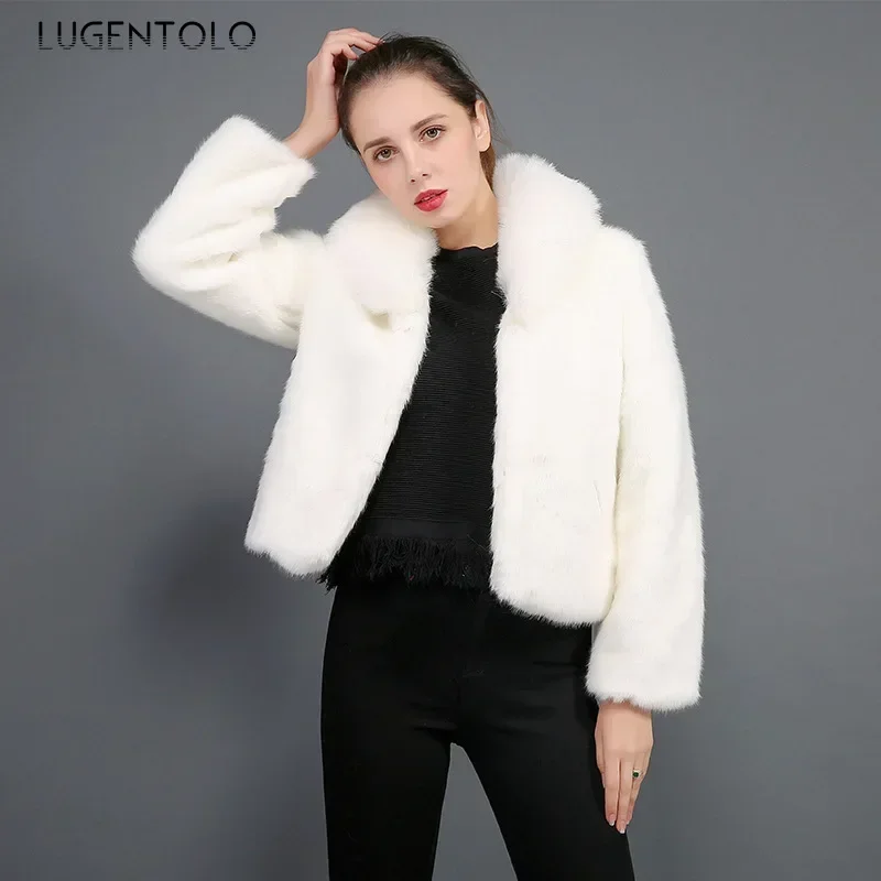 Abrigo corto de piel sintética para mujer, chaqueta cálida con Cuello de piel, elegante, lisa y cómoda, prendas de vestir lisas, Lugentolo, Otoño e Invierno