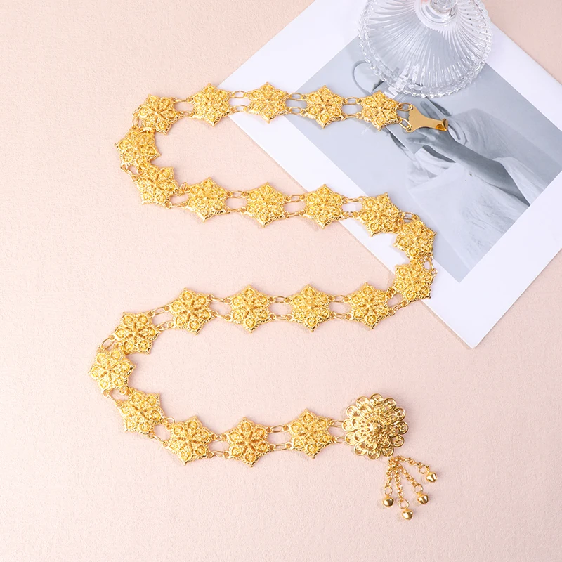 Gold Color Hollow Flower Ethnic Waist Chain Belly Dance Jewelry Belts Thai Turkish Female Body Chain