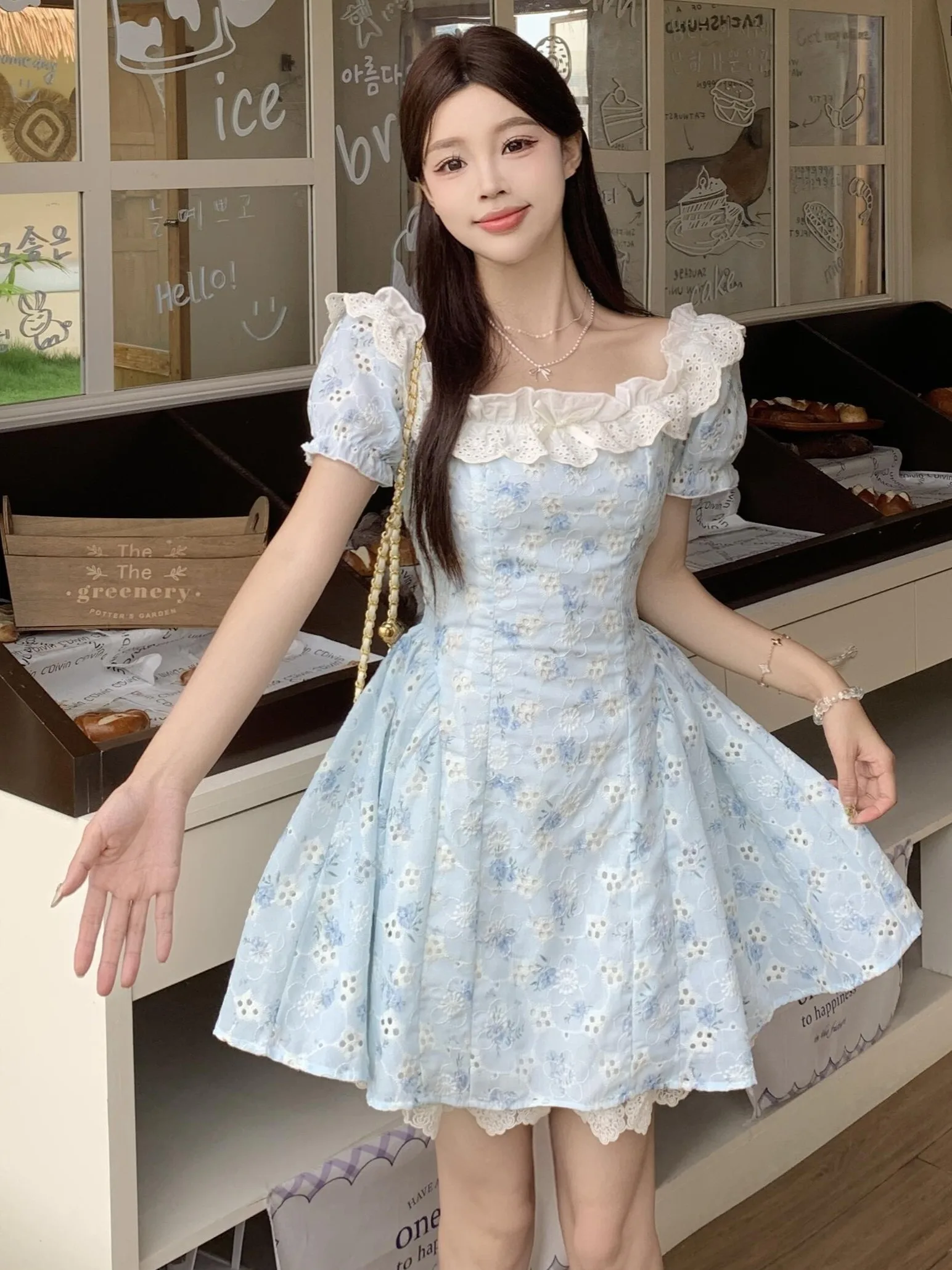 

Женская юбка больших размеров с цветочным кружевным воротником, пышными рукавами, средней длины, короткая, в корейском стиле, для повседневной носки, с завышенной талией, А-силуэт