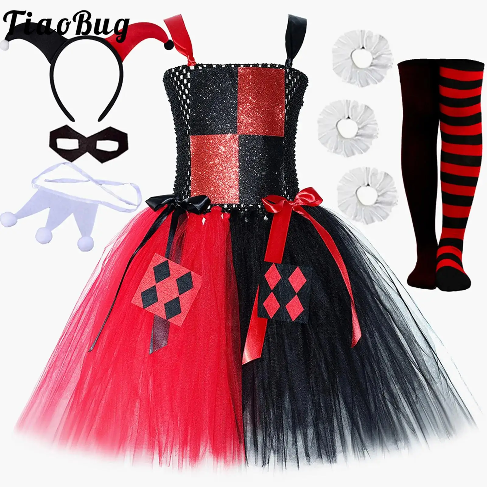 

Kids Girls 6Pcs Clown Cosplay Costume Set Them Party Dancewear Sleeveless Tutu Tulle Dress Hair Hoop Eyes Neckwear and Socks Set
