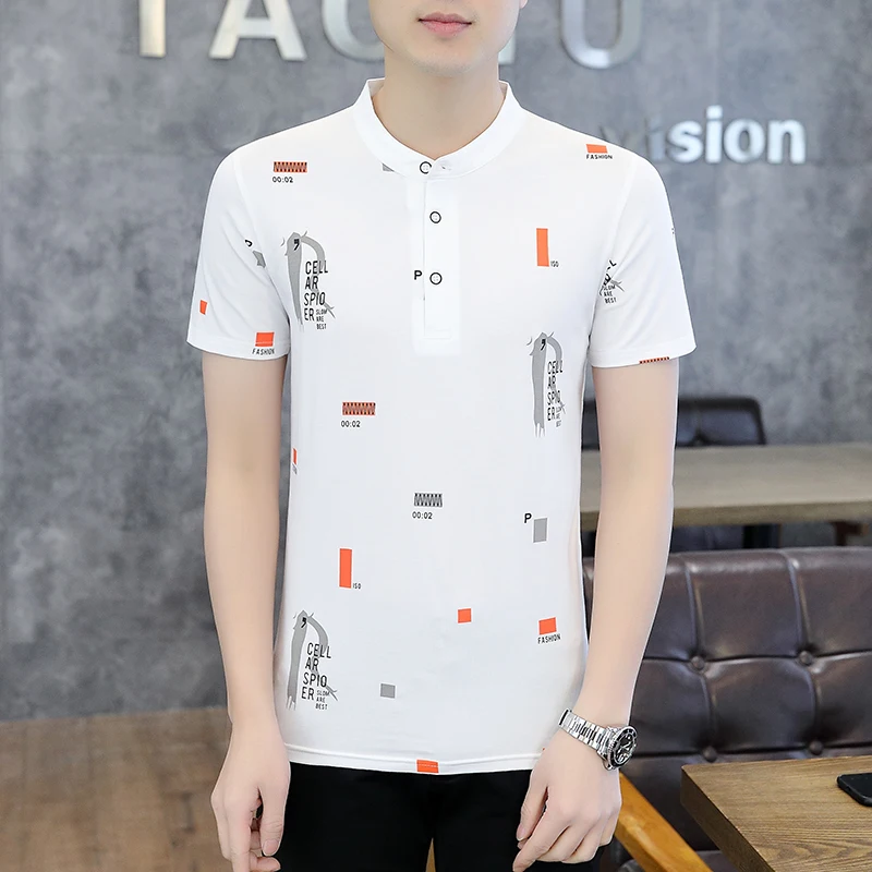 

2024 Men's Boutique Clothing Summer Stand-up Collar Short Sleeve T-shirt Printed Casual Sports Cotton Men's Short Sleeve T-shirt