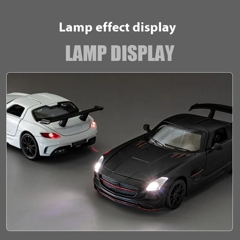 For1:32 مرسيدس بنز SLS AMG سيارة رياضية فائقة سبيكة دييكاست نموذج سيارة الصوت والضوء طفل ألعاب أطفال هدية لصبي جمع هواية