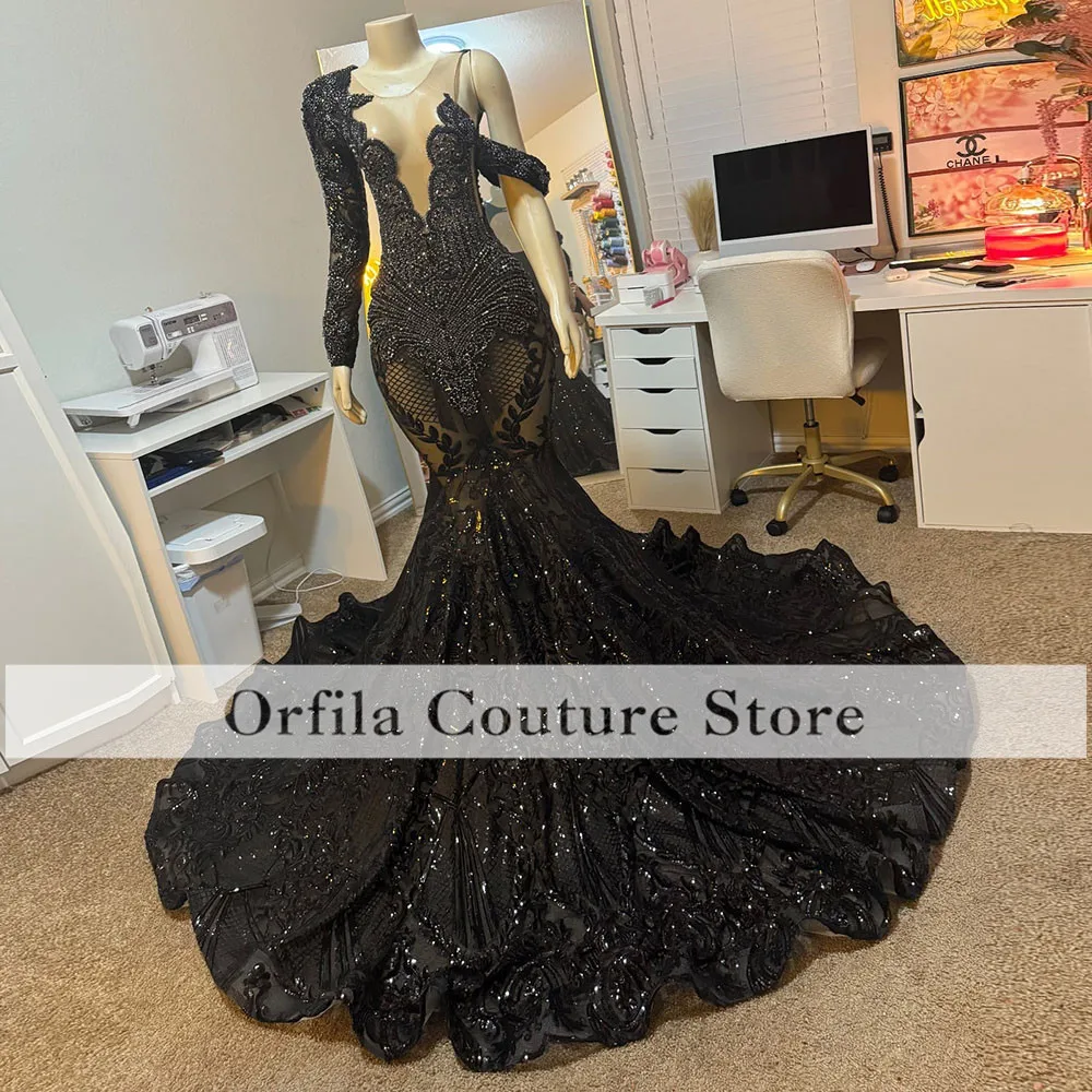 Black Sequin Prom Dresses 2025 Luxury Crystal Mermaid Party Gowns Rhinestones Long Sleeve Birthday Dress Robe Customized