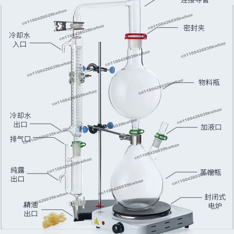 For Steam Distillation Equipment for Essential Oil Extraction Separator 2000ml Two-necked Flask, Condenser