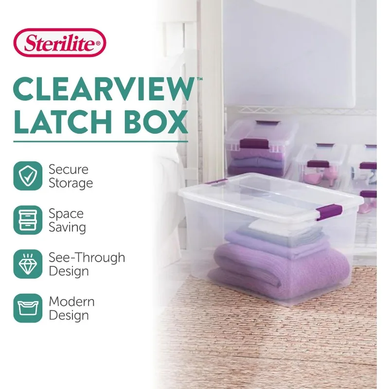 6-Pack ClearView Latch Box, Stackable Storage Organizer Bins for Home, 66 Quart