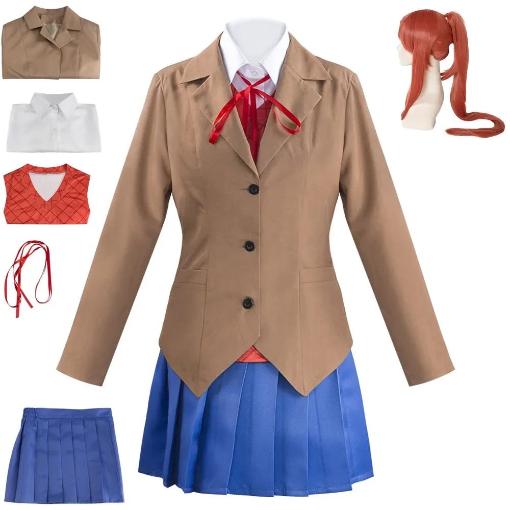 Anime Game Doki Doki Literature Club Monica Yuri Cosplay Costumes Halloween Woman Coat Vest Shirt Short Skirt Ribbon Suit