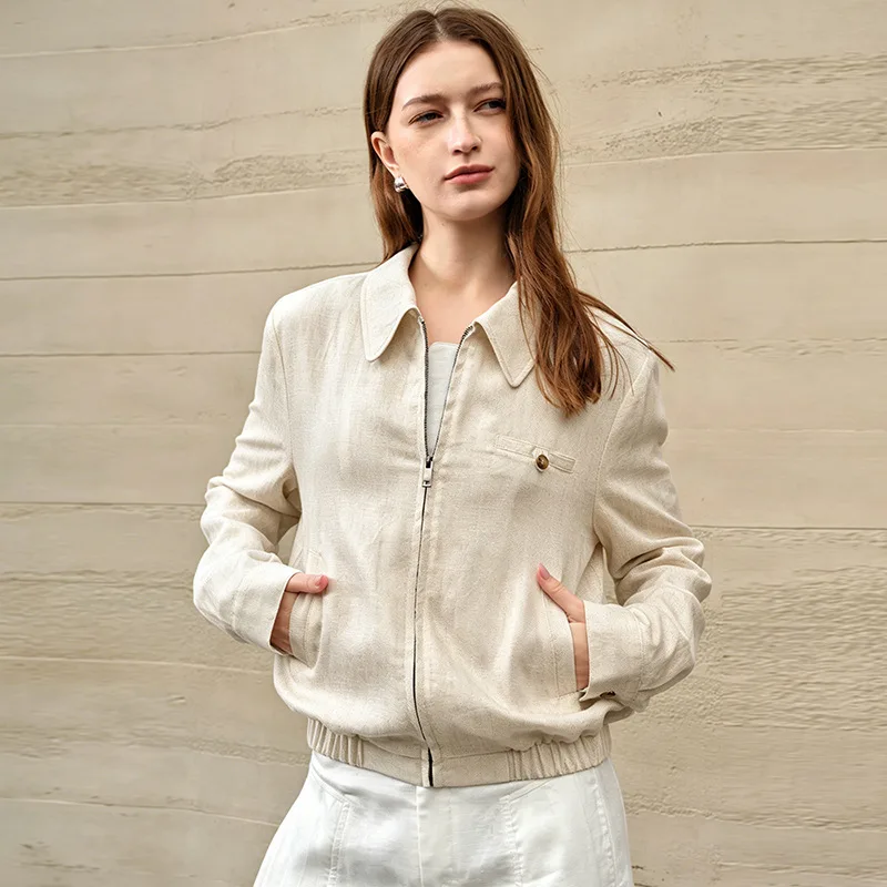 Women's White Short Jacket Polka Dot Stand Collar Zipper Long Sleeve Casual Street Style Jacket Suitable Spring Autum