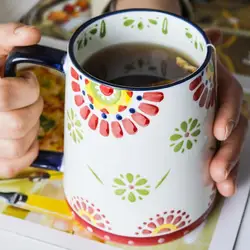 700ml Retro Hand-painted Flower Ceramic Mug，large Capacity Cup Garden Style Coffee Cup，Home Office Water Cup with Lid Drinkware