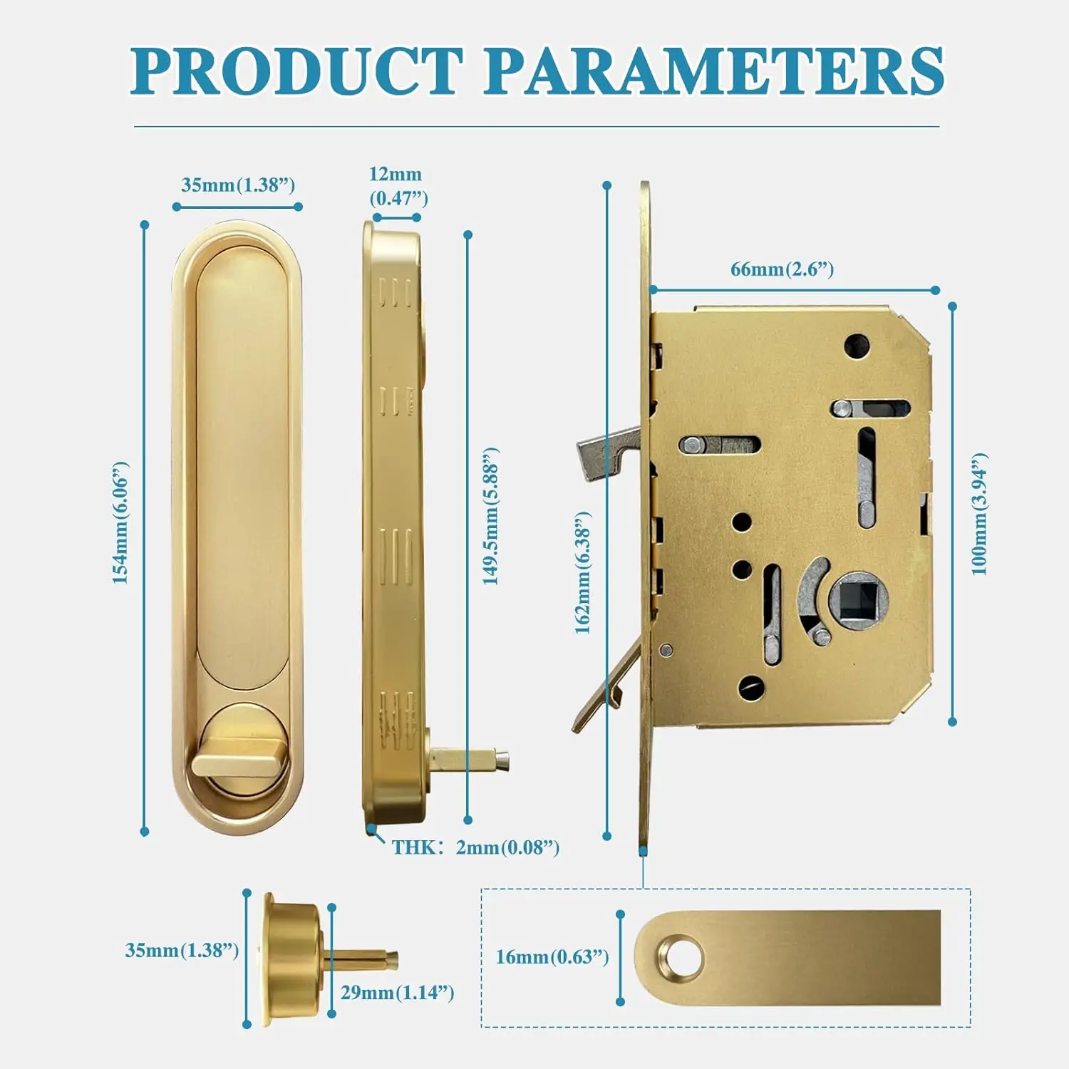 

Recessed Sliding Door Lock Kit Low Profile Privacy Lock with Metal Edge Pull Flush Mount Pocket Door Hardware