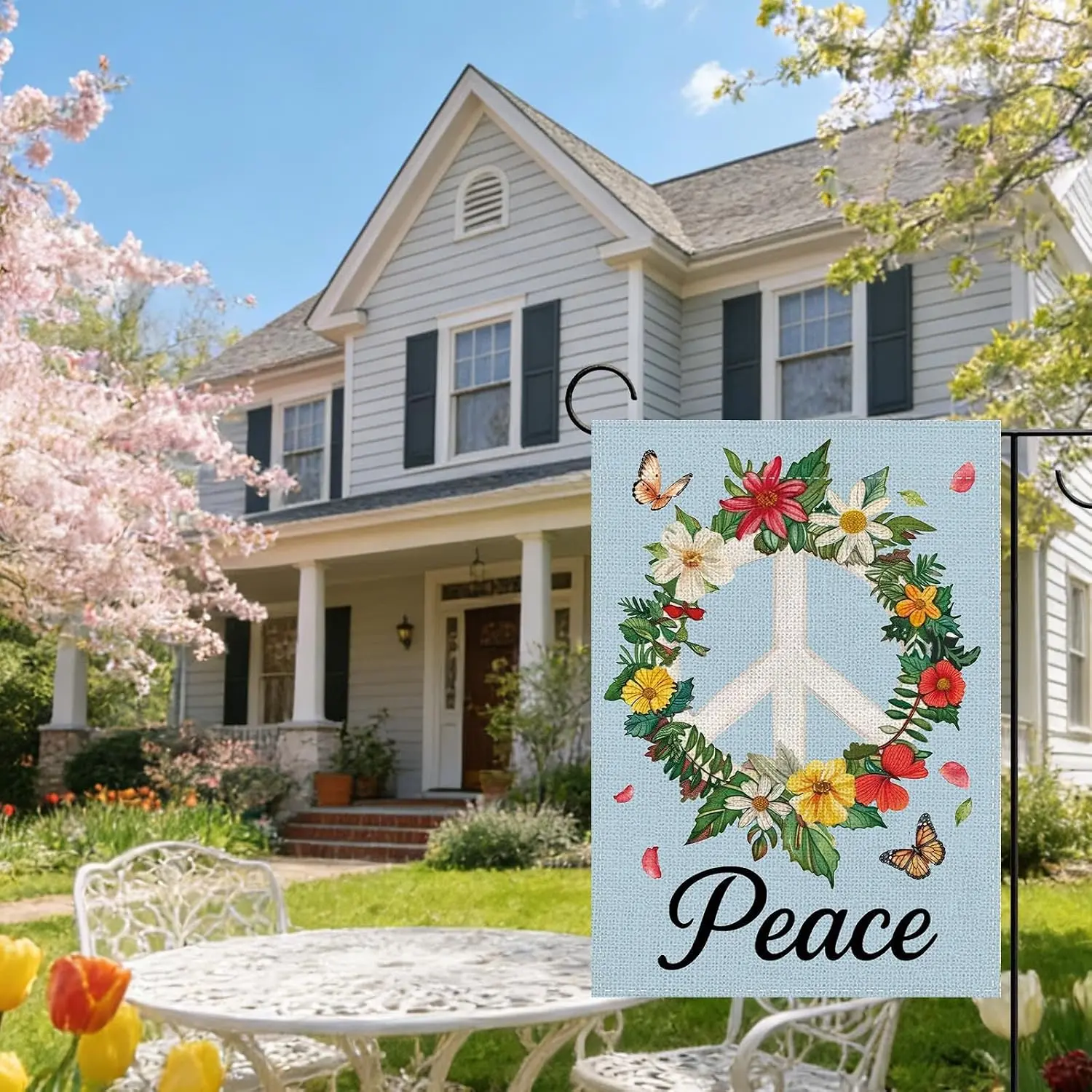 Peace Flower Wreath Decorative Garden Flag, Blue Floral Plant Equality Diversity Inclusion Small Yard Outside Decoration, Sp MMZ