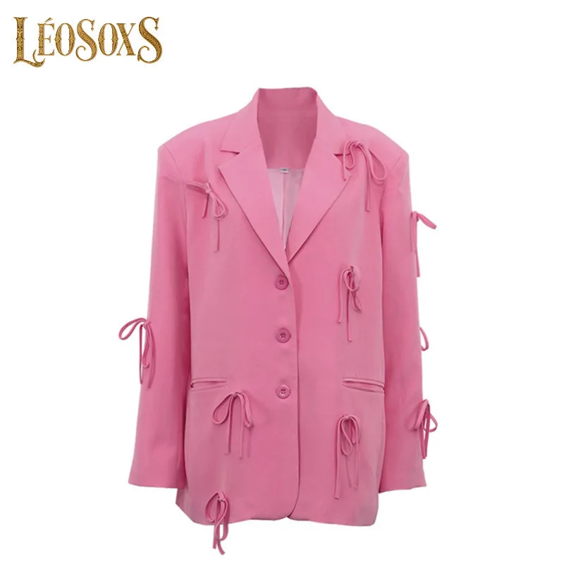

LEOSOXS Pink Bow Loose Blazers Lapel Splicing Casual Women's Jackets Single-breasted Long Sleeves Suit Coats 2025 Autumn New