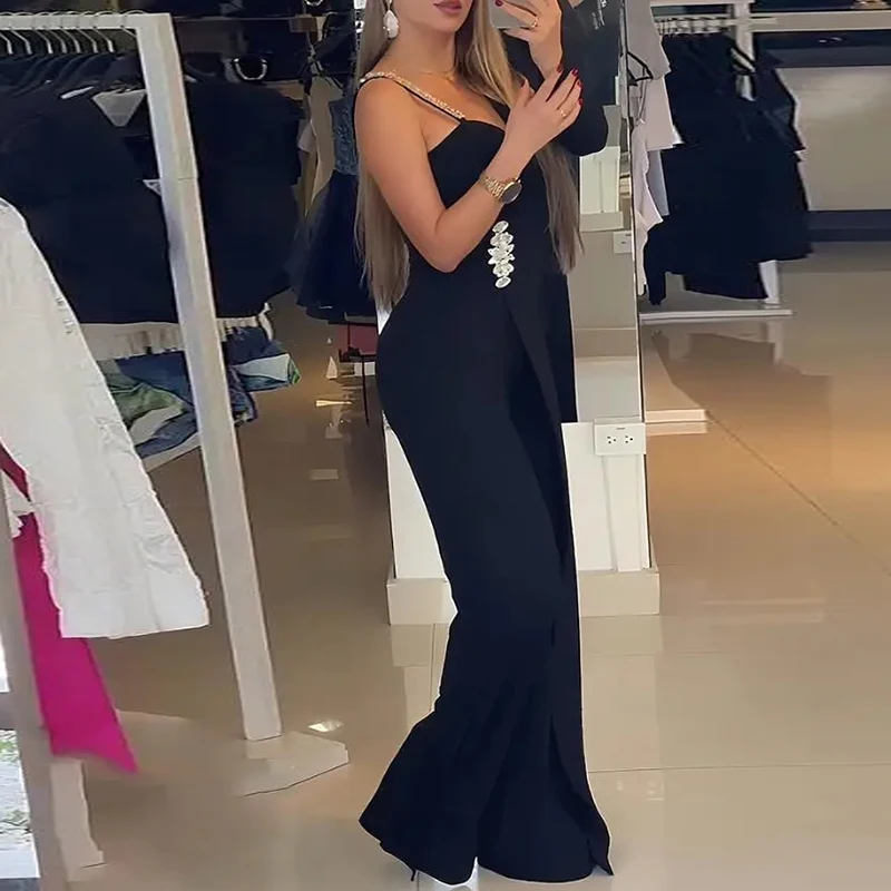 2026 sexy off-shoulder lange mouwen party jumpsuit elegante effen kleur woon-werkverkeer rompertjes strass patchwork dames playsuit