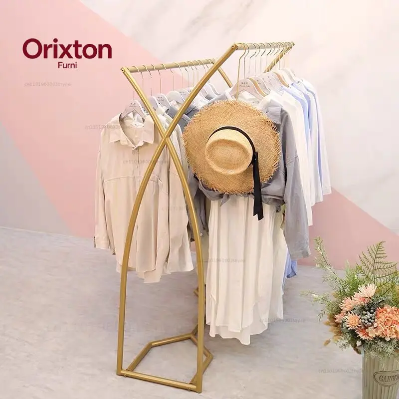 Gold middle island rack floor rack, simple clothing store display rack, double row rack, middle shelf, parallel bar side hanger