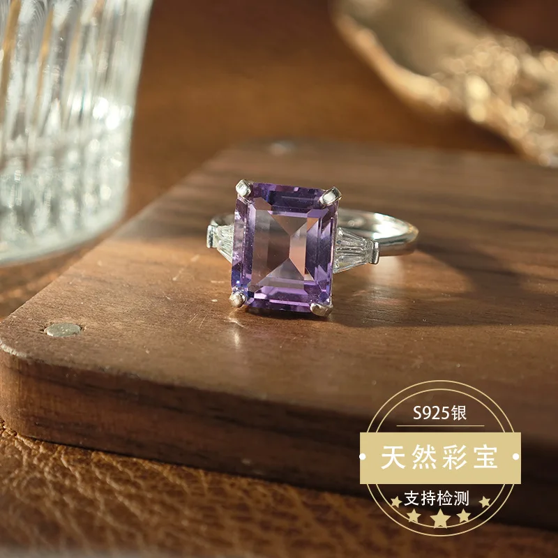

Natural Big Size Amethyst Ring for Women S925 Sterling Silver Square Shape Adjustable Size Gorgous Fine Bride Jewelry Gift