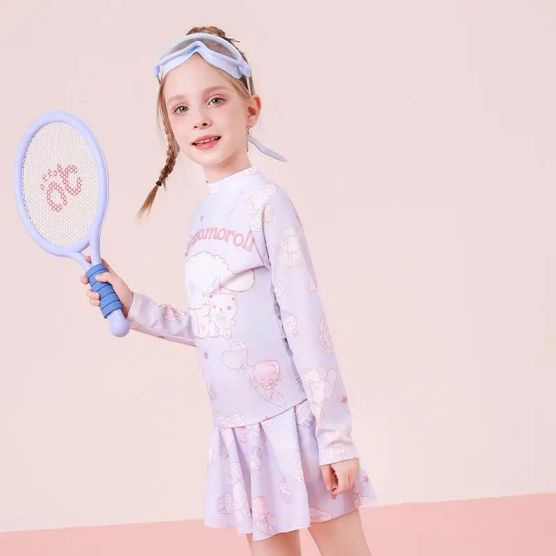 Cinnamoroll-bañador Kawaii para niña, traje de baño de manga corta con estampado de dibujos animados, protección solar, Bikini de playa de secado rápido para vacaciones de verano