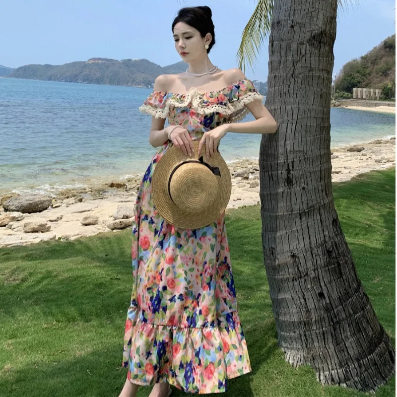 Summer Long Printed Dr Women's Beach Vaion One-oulder Floral Oil Painting Print A-Line Gown High Waist Svel
