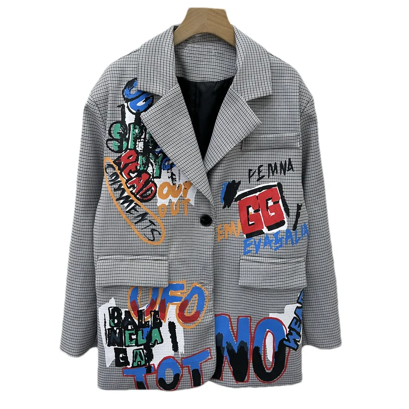 Gray Graffiti Letters Plaid Blazer Jacket Women Outerwear Big Pocket Long Sleeve Suit Jacket Coat Female Korean Casual Blazers