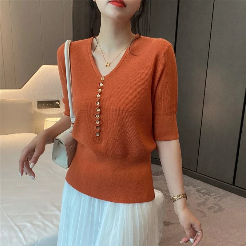 Women Ruffled Buttons Elegant Chic Knitwears Summer Fashion V Neck Half Sleeve Solid Slim Pullovers Office Lady Basic Knit Tops