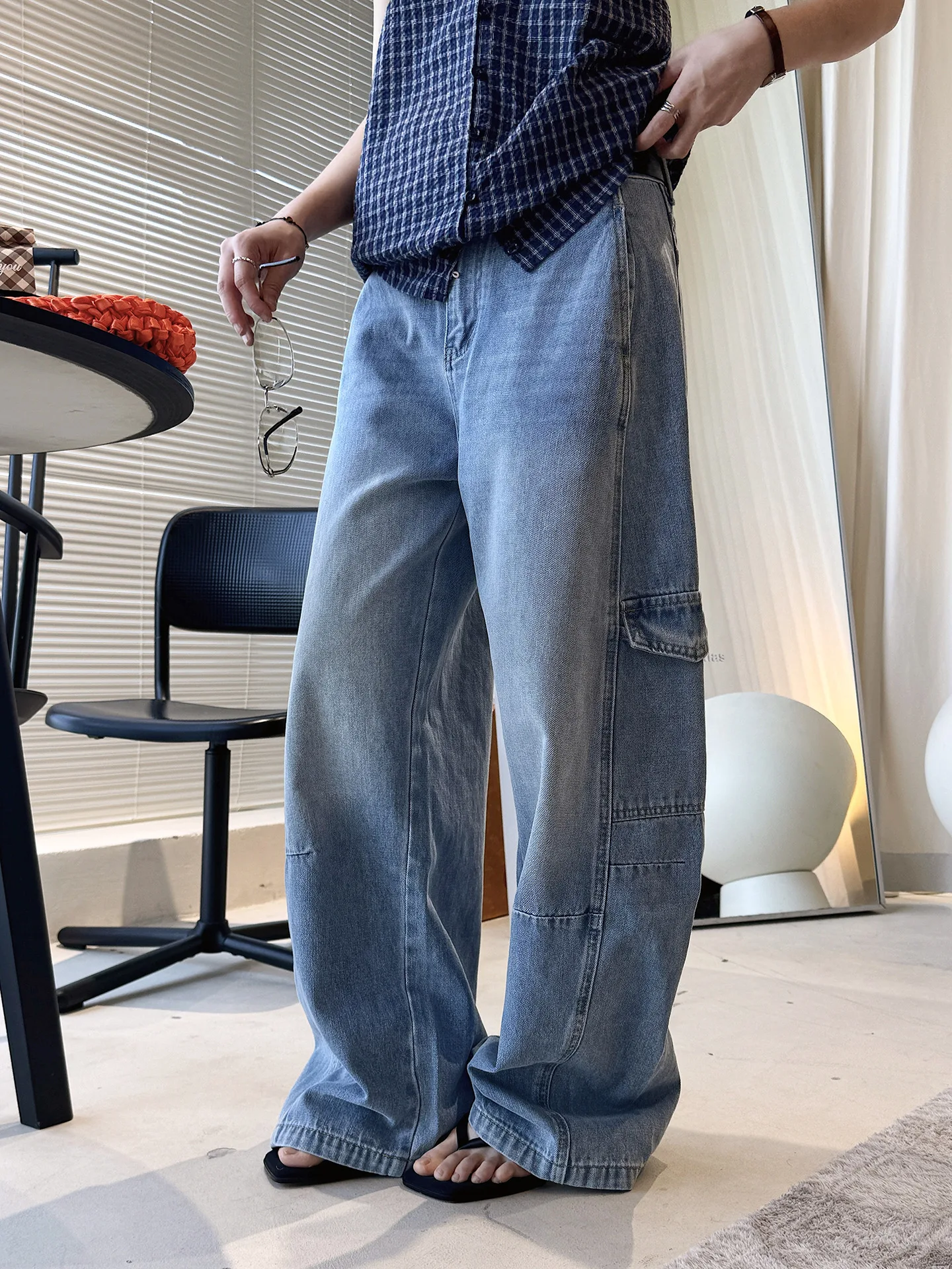 

Summer new Korean retro workwear, washed old, side pocket splicing jeans, loose straight leg pants for women