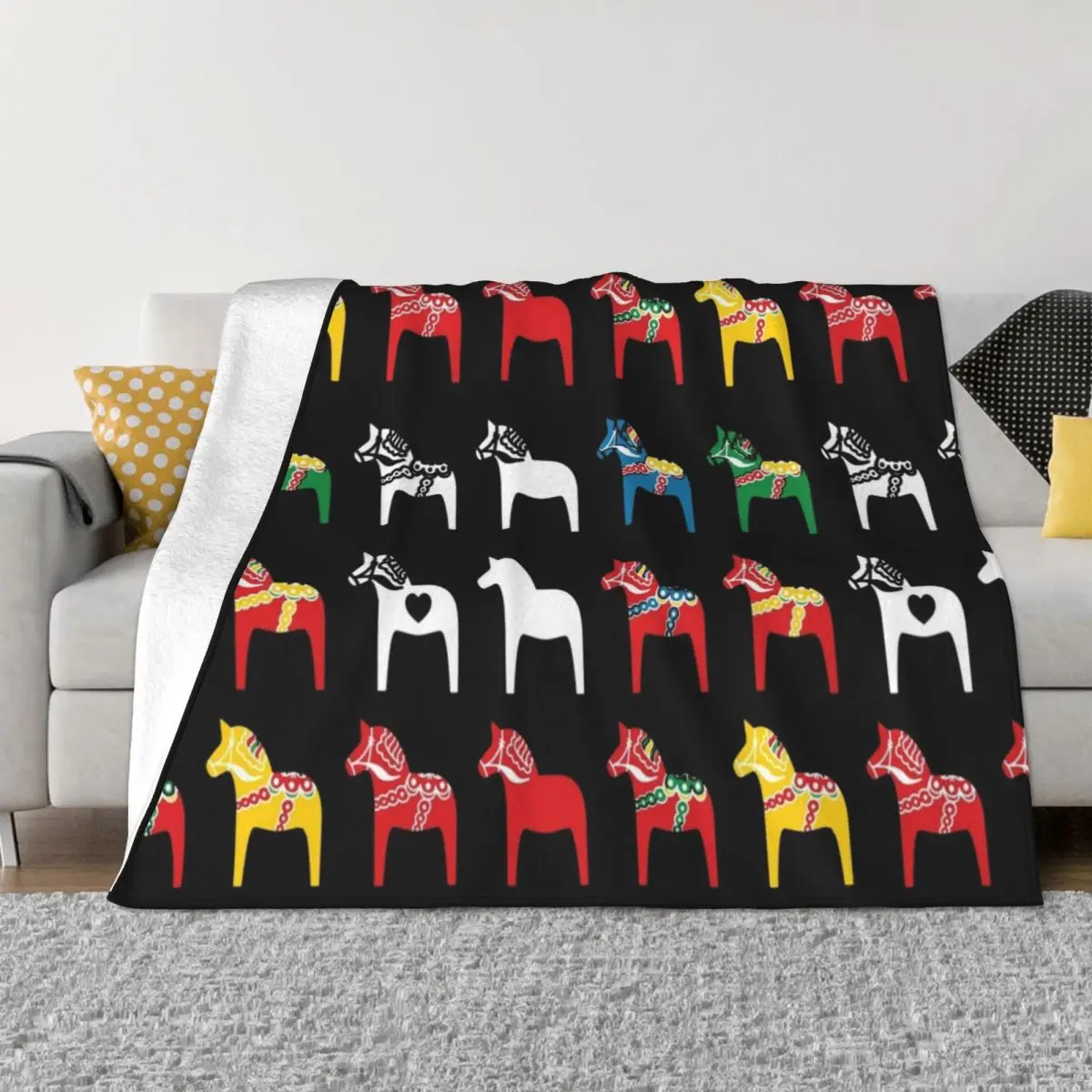 Dala Horses Dalarna Sweden Horse Dalecarlian Swedish Colorful Throw Blanket Vintage warm for winter Thin Blankets