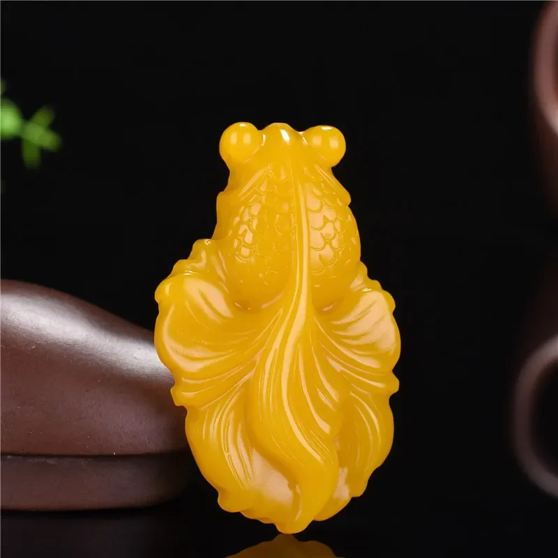 Chinese Jade Yellow Hand Carved Goldfish Pendant Fashion Boutique Jewelry Men's and Women's Fish Necklace Gift