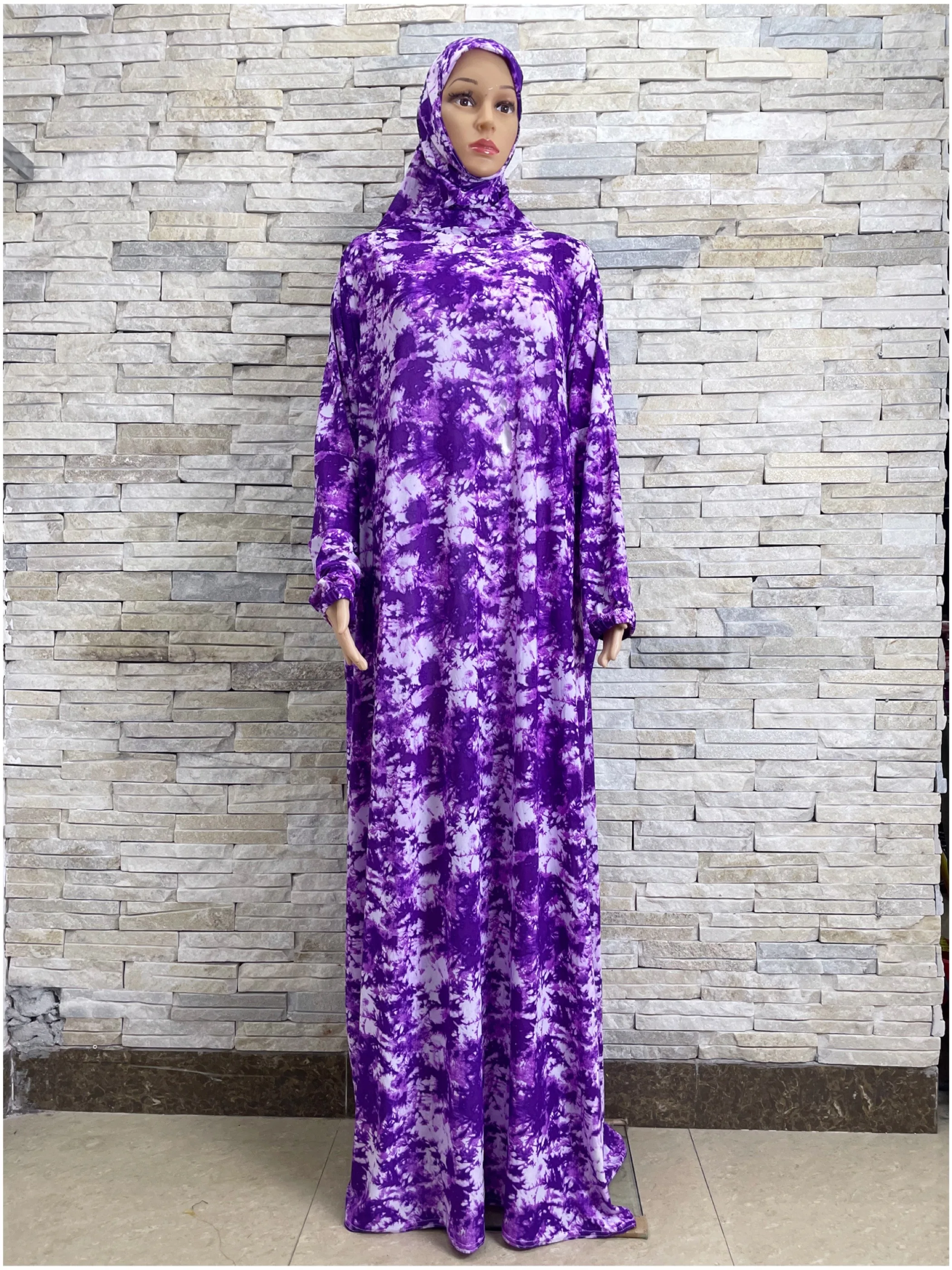 2024 Ramadan Muslim Women\'s Abaya Tie-dyed Fabric Prayer Garment Muslim Hooded Dress Islam Gown Big Size Long Saudi Africa Robe