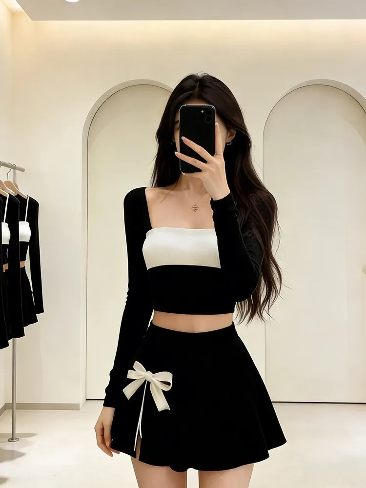 

High Waist ort Length Long Sve Square Collar Women's Faion Set Knot f Body Skirt Two-Piece Spring New Arr...