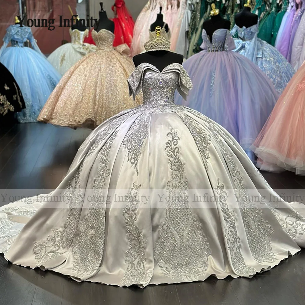 Mexican Vestido De 15 Anos Silvery Quinceanera Dresses Lace Appliques Beads Corset Off the Shoulder Sweet 16 Dress Abiti Da