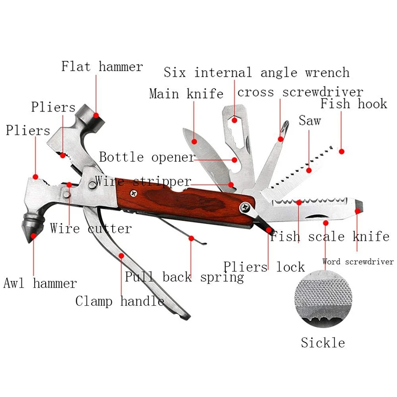 

Multifunctional Tool Camping Survival Hammer Wood Inlaid Handle Metal Portable Multifunctional Tool Outdoor Small Axe